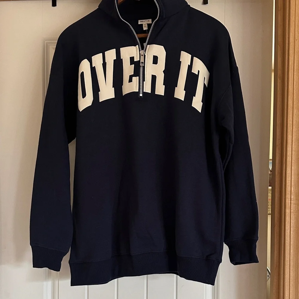 Navy Zip-Up Sweater with Bold Print - Picture 1 of 3